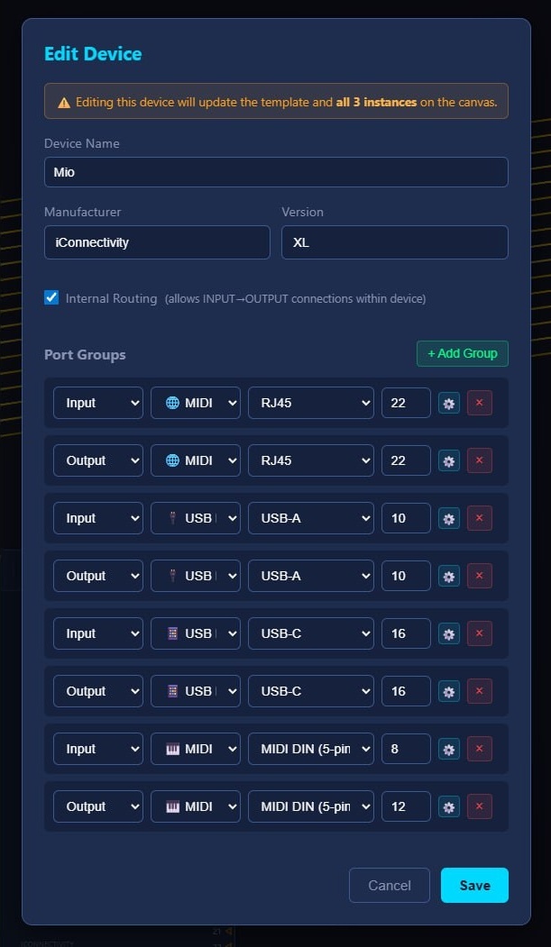 Edit Device modal showing connector options